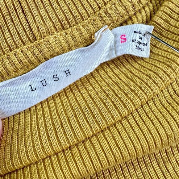 Lush Ribbed T-Shirt Top Women’s Size S Mustard Yellow Striped Cuffs Scoop Neck - Picture 14 of 16